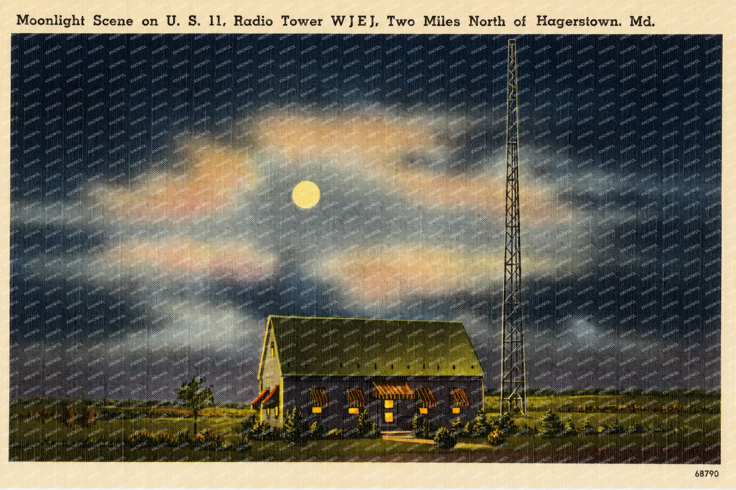 Moonlight scene on U.S. 11, radio tower W J E J. Two miles north of Hagerstown, MD — Vintage Maryland Postcard