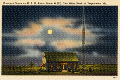 Moonlight scene on U.S. 11, radio tower W J E J. Two miles north of Hagerstown, MD — Vintage Maryland Postcard