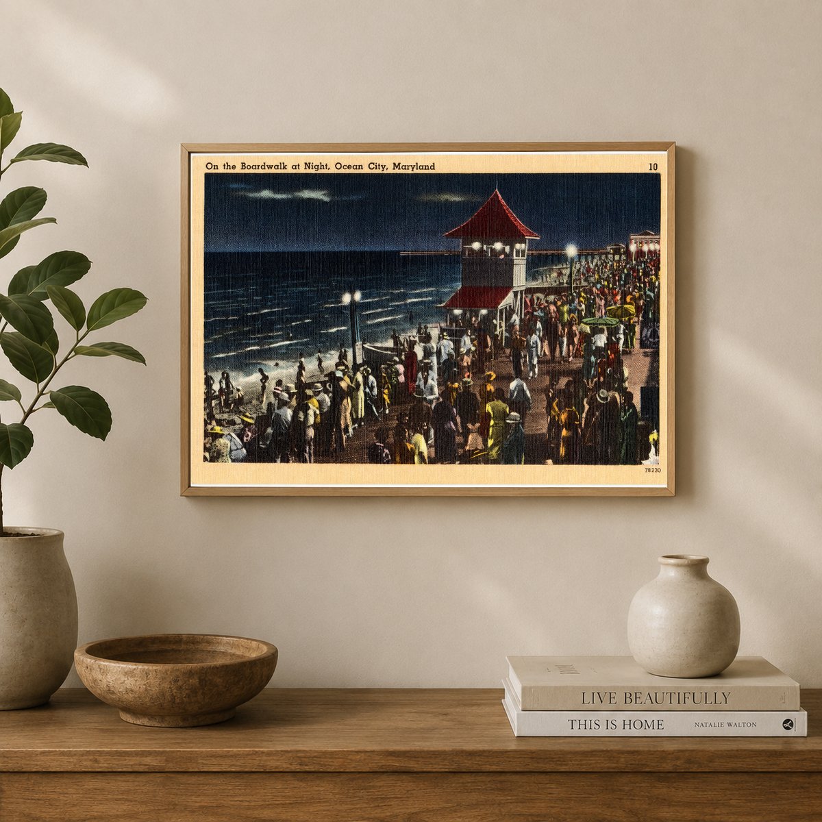 On the boardwalk at night, Ocean City, Maryland — Vintage Maryland Postcard
