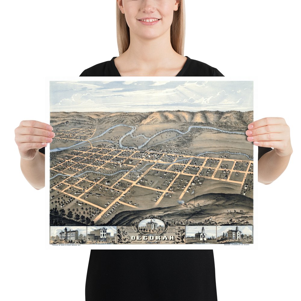 Decorah, Iowa in 1870: Restored Vintage Map - Available at KNOWOL