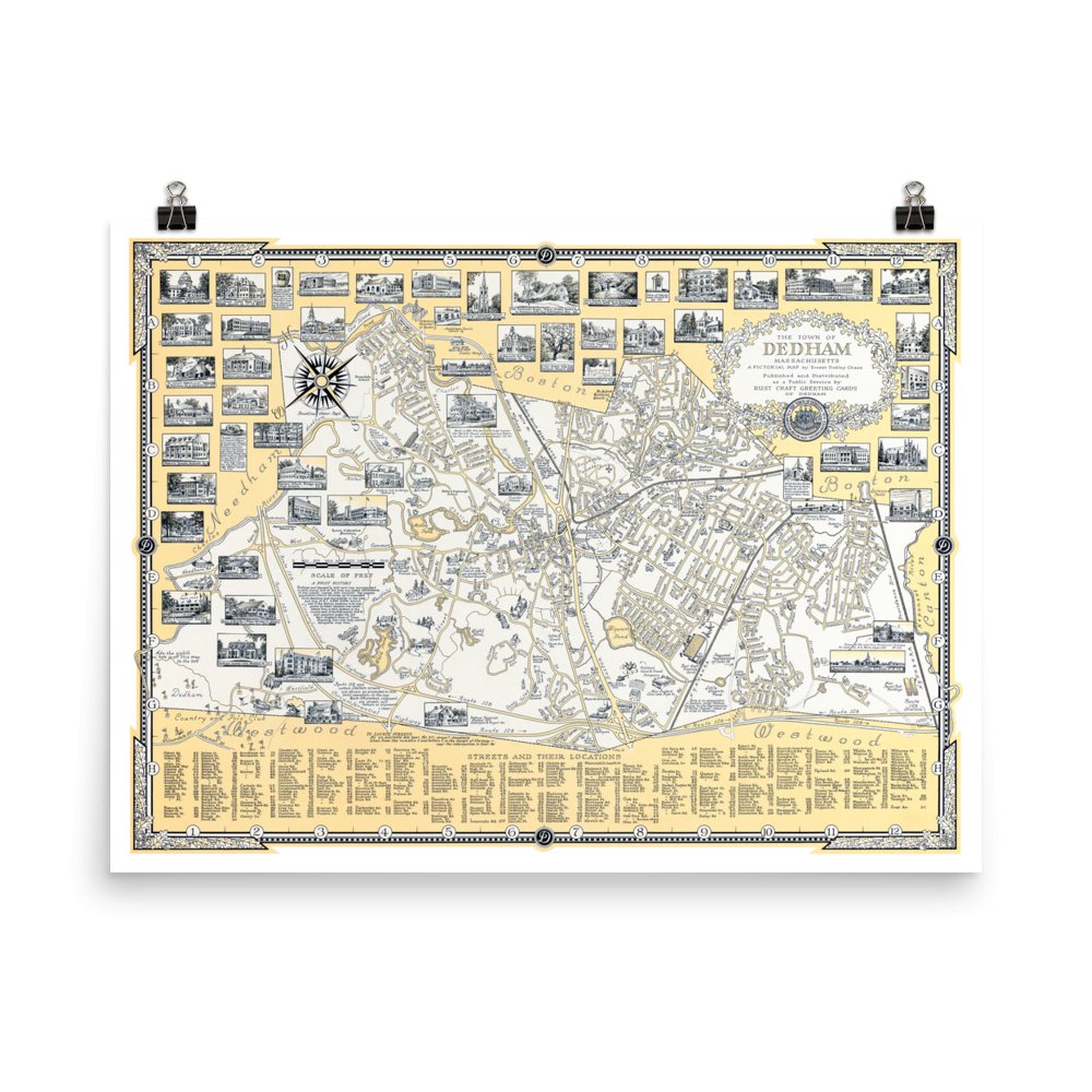 Dedham, Massachusetts Pictorial Map, 1954 - Available at KNOWOL