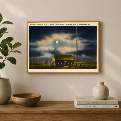 Moonlight scene on U.S. 11, radio tower W J E J. Two miles north of Hagerstown, MD — Vintage Maryland Postcard