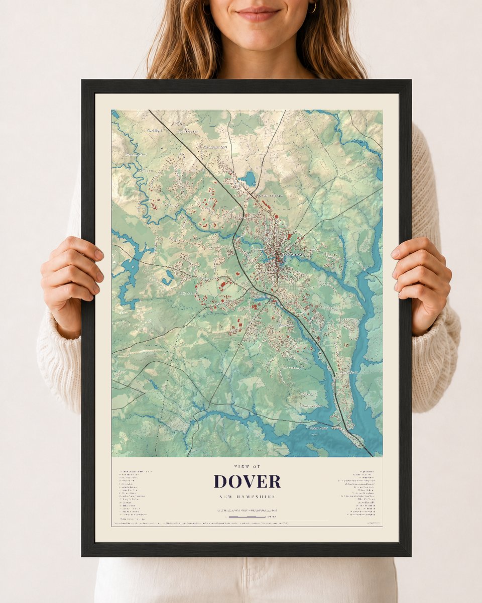 Dover, New Hampshire map print, 12 x 18 in black wood frame