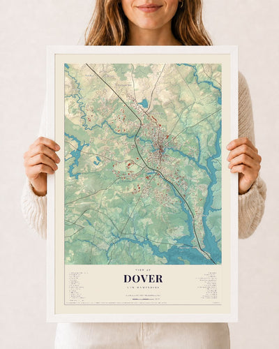 Dover, New Hampshire map print, 12 x 18 in white wood frame