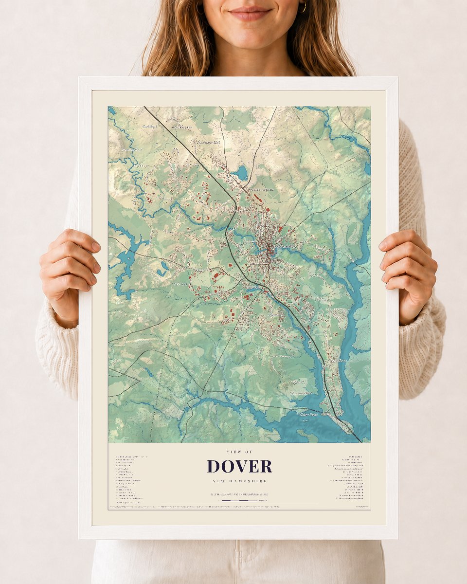 Dover, New Hampshire map print, 12 x 18 in white wood frame