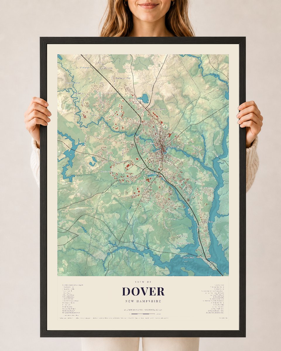Dover, New Hampshire map print, 24 x 36 in black wood frame