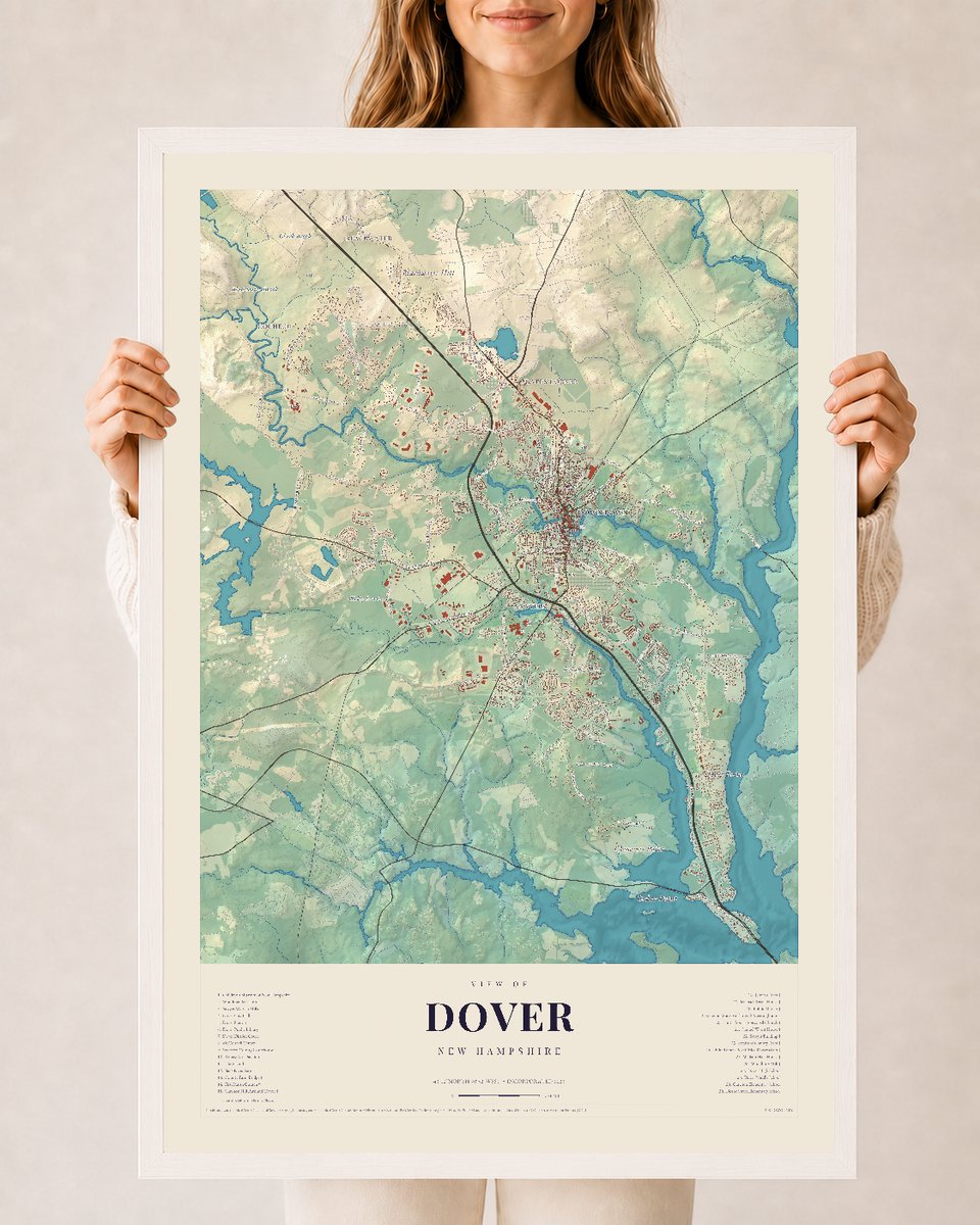 Dover, New Hampshire map print, 24 x 36 in white wood frame