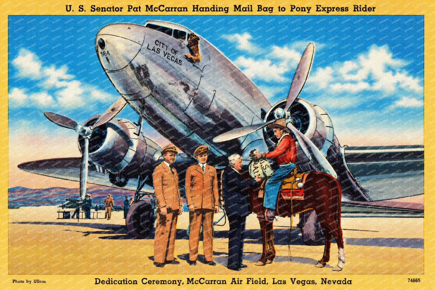 Las Vegas, NV: U.S. Senator Pat McCarran handing mail bag to Pony Express rider, Dedication Ceremony, McCarran Air Field