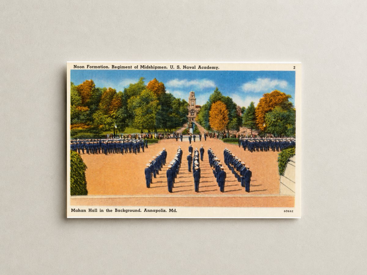 Noon formation, regiment of Midshipmen, U. S. Naval Academy, Mahan Hall in background, Annapolis, MD — Vintage Maryland Postcard