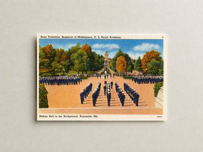 Noon formation, regiment of Midshipmen, U. S. Naval Academy, Mahan Hall in background, Annapolis, MD — Vintage Maryland Postcard