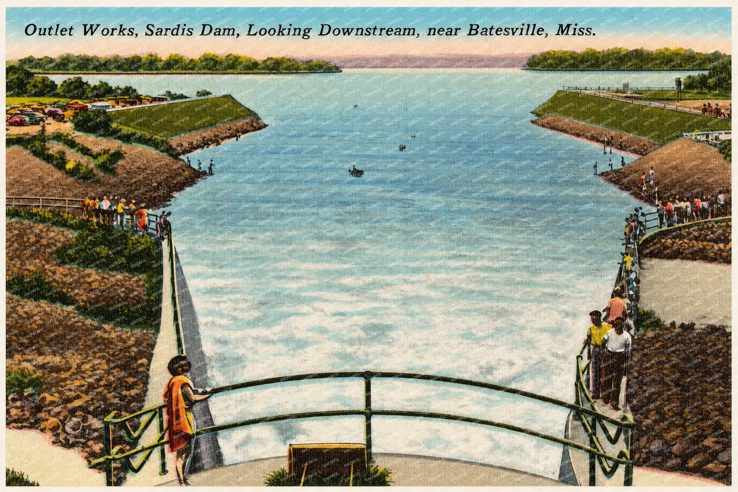 Sardis Lake, MS: Outlet works, Sardis Dam, looking downstream, near Batesville