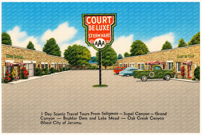 Seligman, AZ: Court De-luxe, 1 day scenic travel tours from Seligman- Supai Canyon- Grand Canyon- Boulder Dam and Lake Mead- Oak Creek Canyon, Ghost city of Jerome