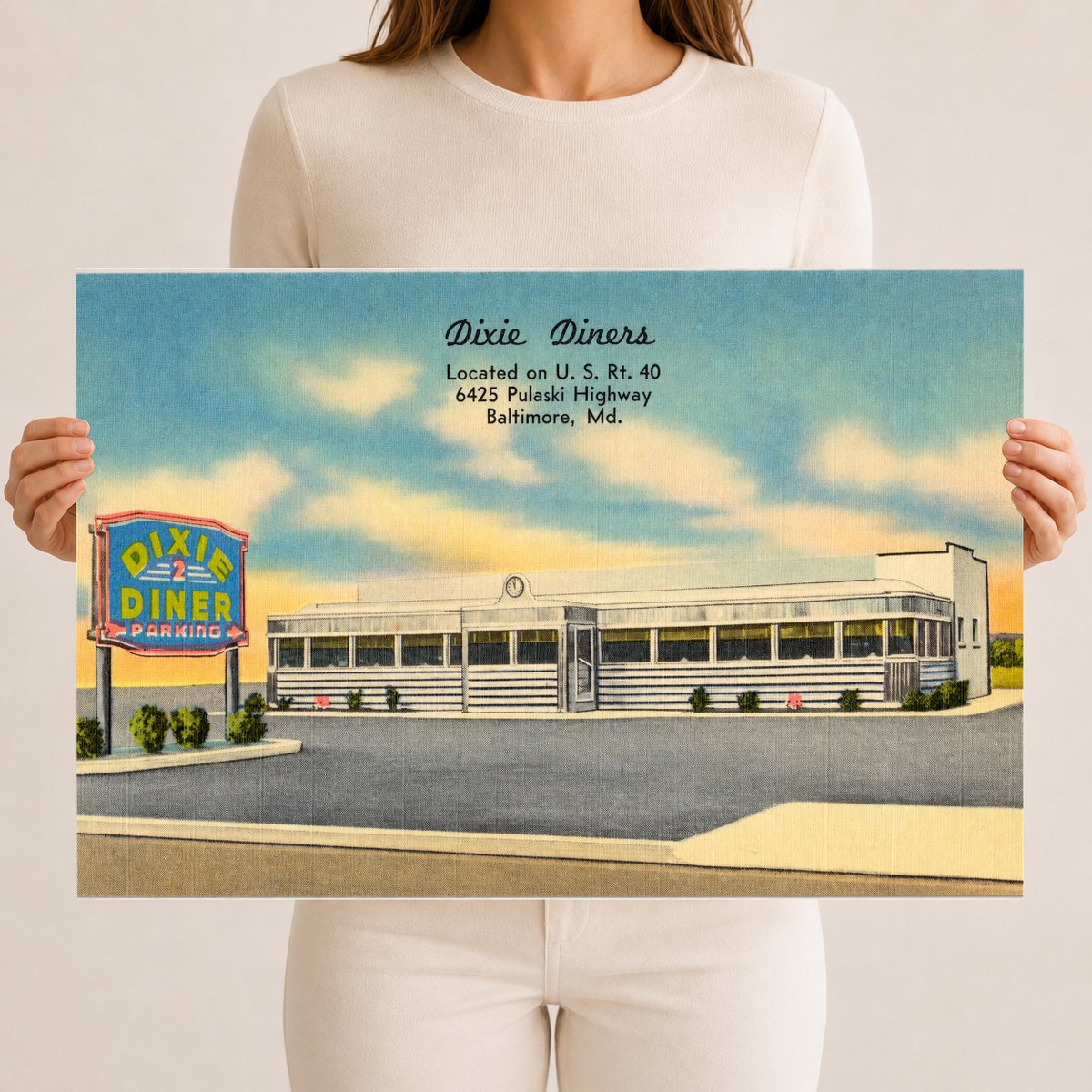 Dixie Diners, located on U. S. Rt. 40, 6425 Pulaski Highway, Baltimore, MD — Vintage Maryland Postcard