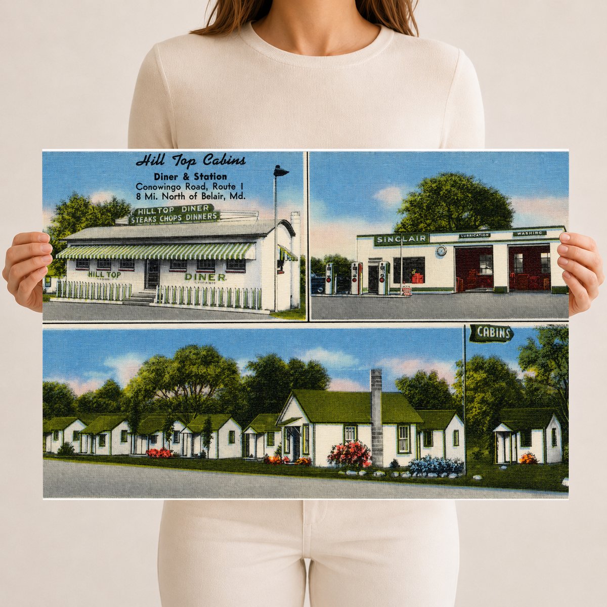 Hill Top Cabins, diner and stations, Conowingo Road, Route 1, 8 mi. north of Belair, MD — Vintage Maryland Postcard