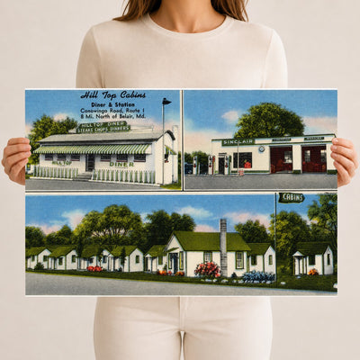 Hill Top Cabins, diner and stations, Conowingo Road, Route 1, 8 mi. north of Belair, MD — Vintage Maryland Postcard