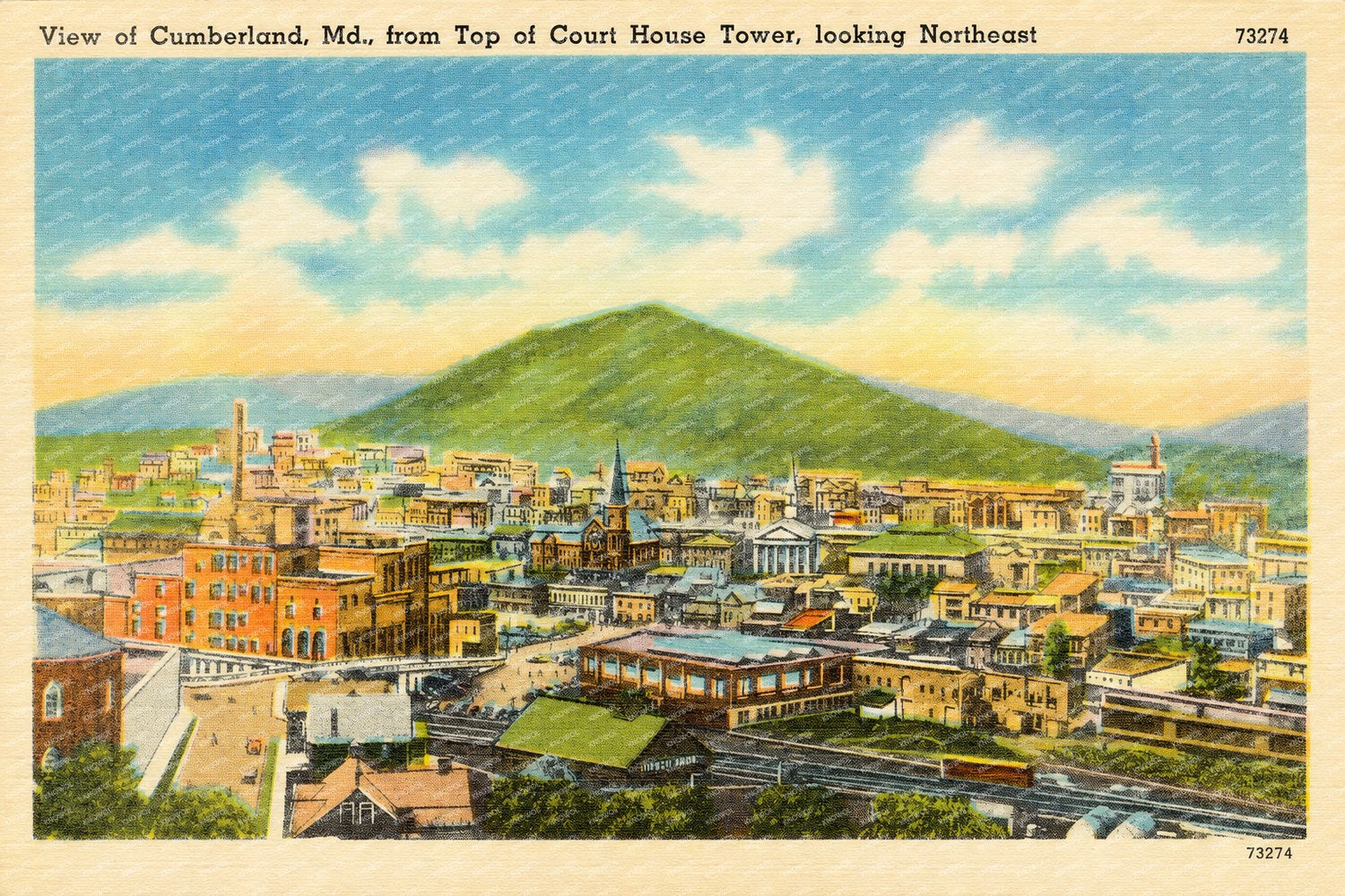 View of Cumberland, MD, from top of court house tower, looking northeast — Vintage Maryland Postcard