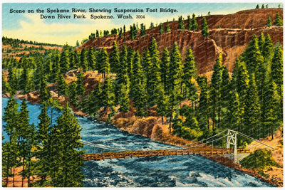 Spokane, WA: Scene on the Spokane River, showing suspension foot bridge, Down River Park