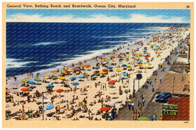 General view, Bathing Beach and boardwalk, Ocean City, Maryland — Vintage Maryland Postcard