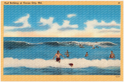 Surf bathing at Ocean City, MD — Vintage Maryland Postcard