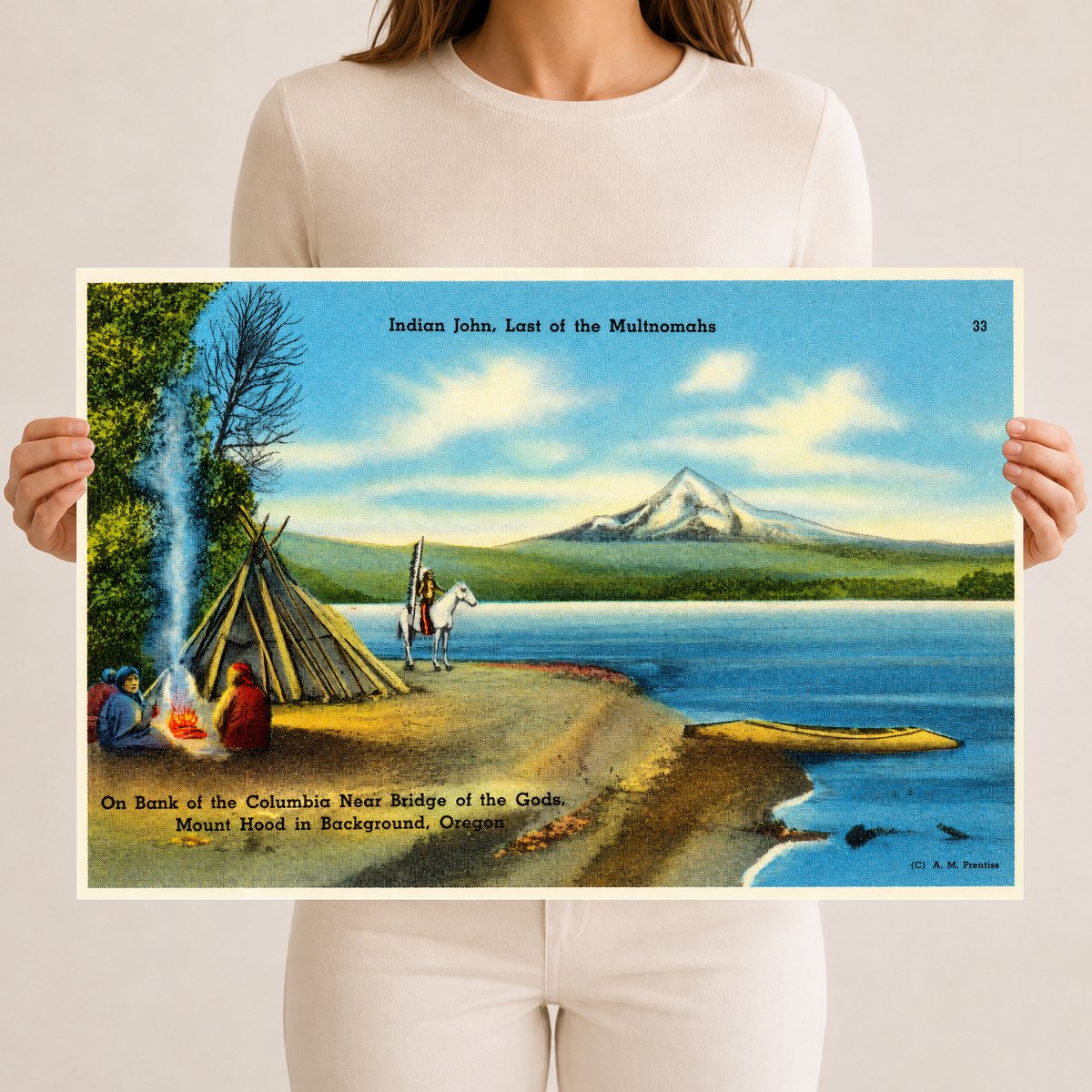 Portland, OR: Indian John, last of the Multnomahs. On bank of Columbia near bridge of the Gods, Mount Hood in background
