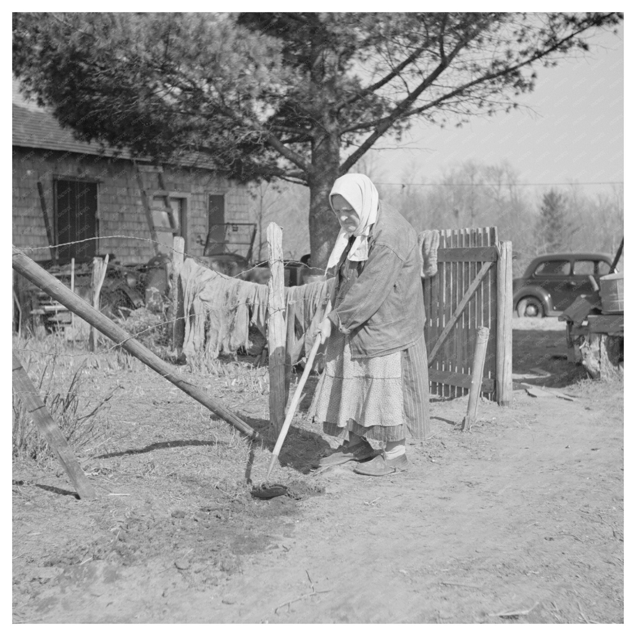 Elderly Woman Hoeing Garden in Gibbs City Michigan 1937 - Available at KNOWOL