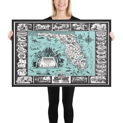 Map of the History and Romance of Florida, 1951 Framed