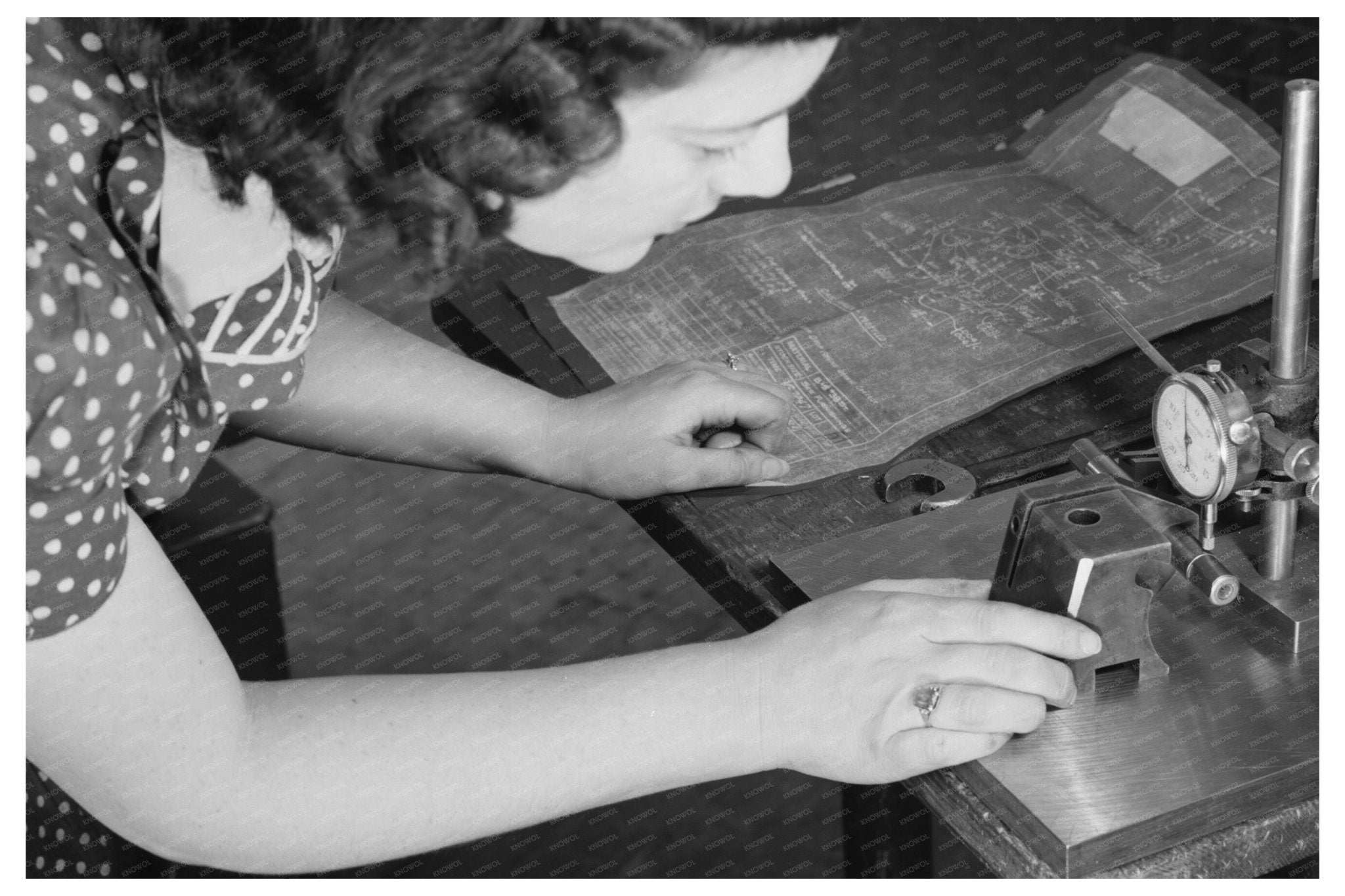 Estelle Wilson Inspects V - Blocks at Boston Razor Factory 1942 - Available at KNOWOL