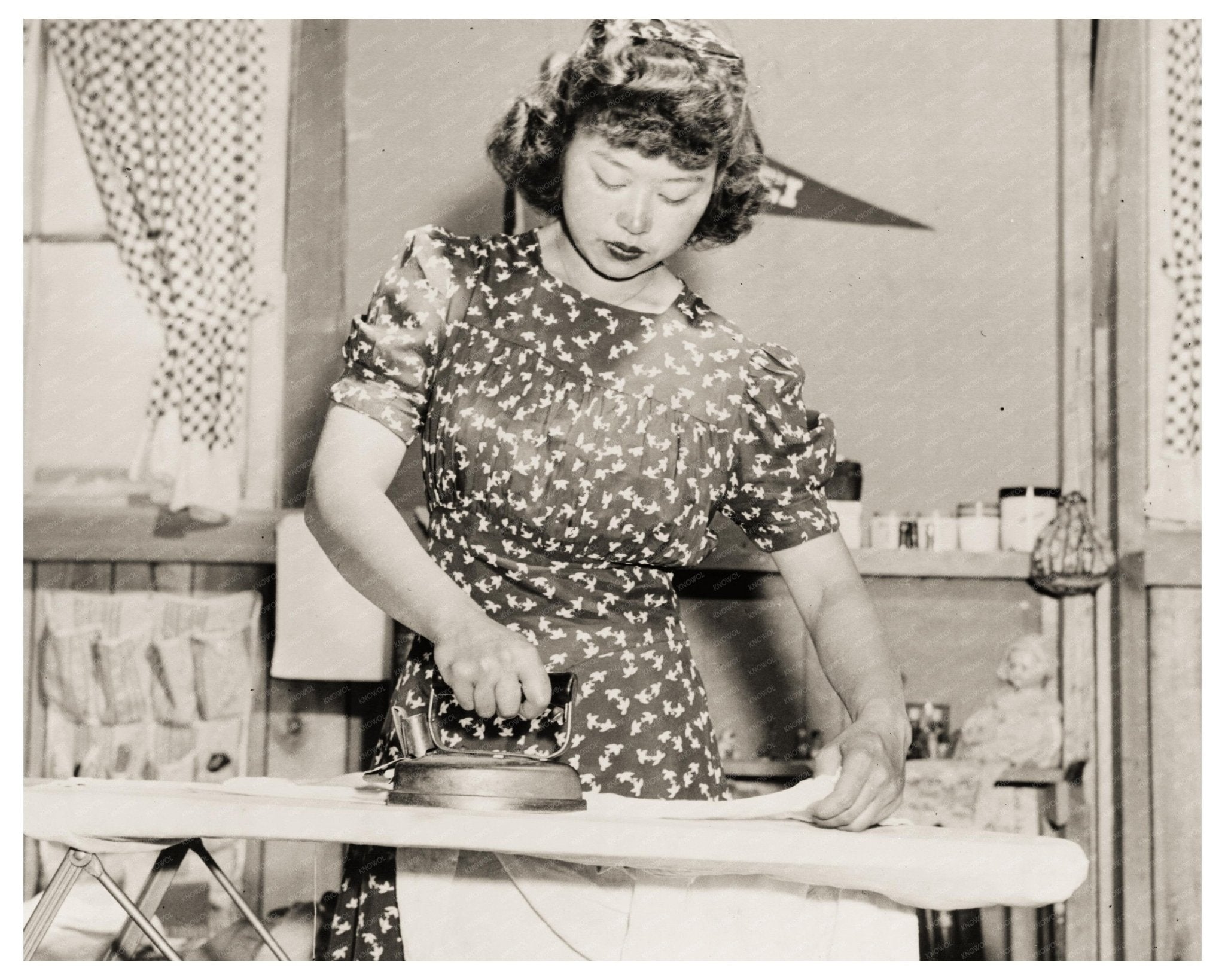 Ester Naito Operating Electric Iron at Manzanar 1942 Vintage Photo - Available at KNOWOL