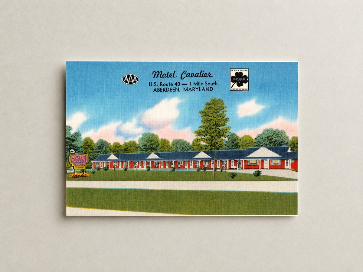 Motel Cavalier, U. S. Route 40 -- 1 mile south, Aberdeen, Maryland — Vintage Maryland Postcard