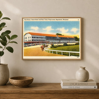 Club house, grand stand and race track, fairgrounds, Hagerstown, Maryland — Vintage Maryland Postcard