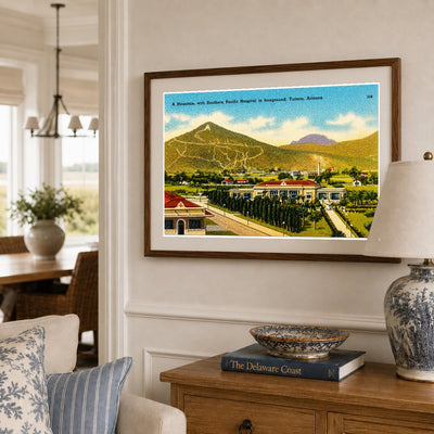 Tucson, AZ: A mountain with Southern Pacific Hospital in fore ground