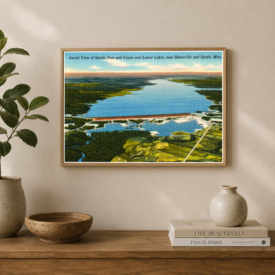 Sardis Lake, MS: Aerial view of Sardis Dam and upper and lower lakes, near Batesville and Sardis