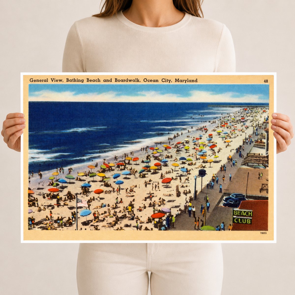 General view, Bathing Beach and boardwalk, Ocean City, Maryland — Vintage Maryland Postcard
