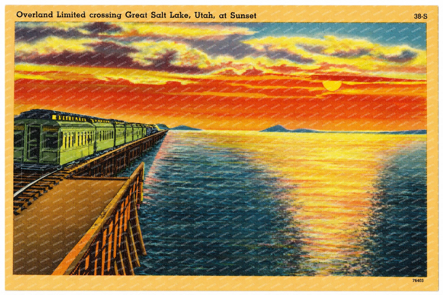 Great Salt Lake, UT: Overland Limited crossing Great Salt Lake, Utah, at sunset