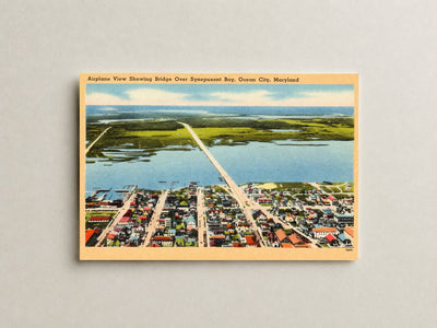 Airplane view showing bridge over Synepuxent Bay, Ocean City, Maryland — Vintage Maryland Postcard