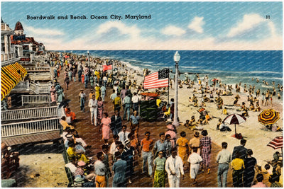 Boardwalk and beach, Ocean City, Maryland — Vintage Maryland Postcard