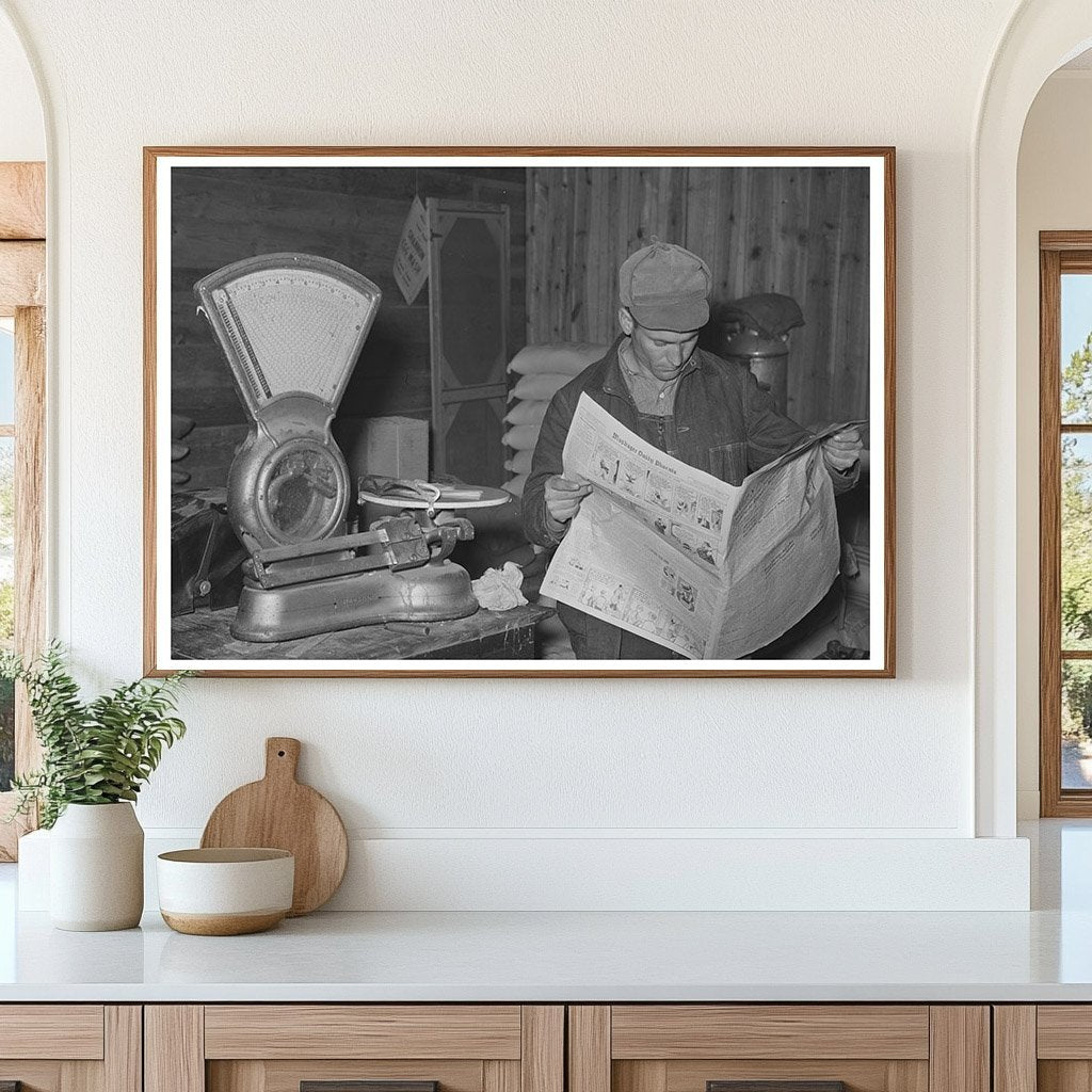 Farmer Reading Newspaper in Eufaula Oklahoma February 1940 - Available at KNOWOL