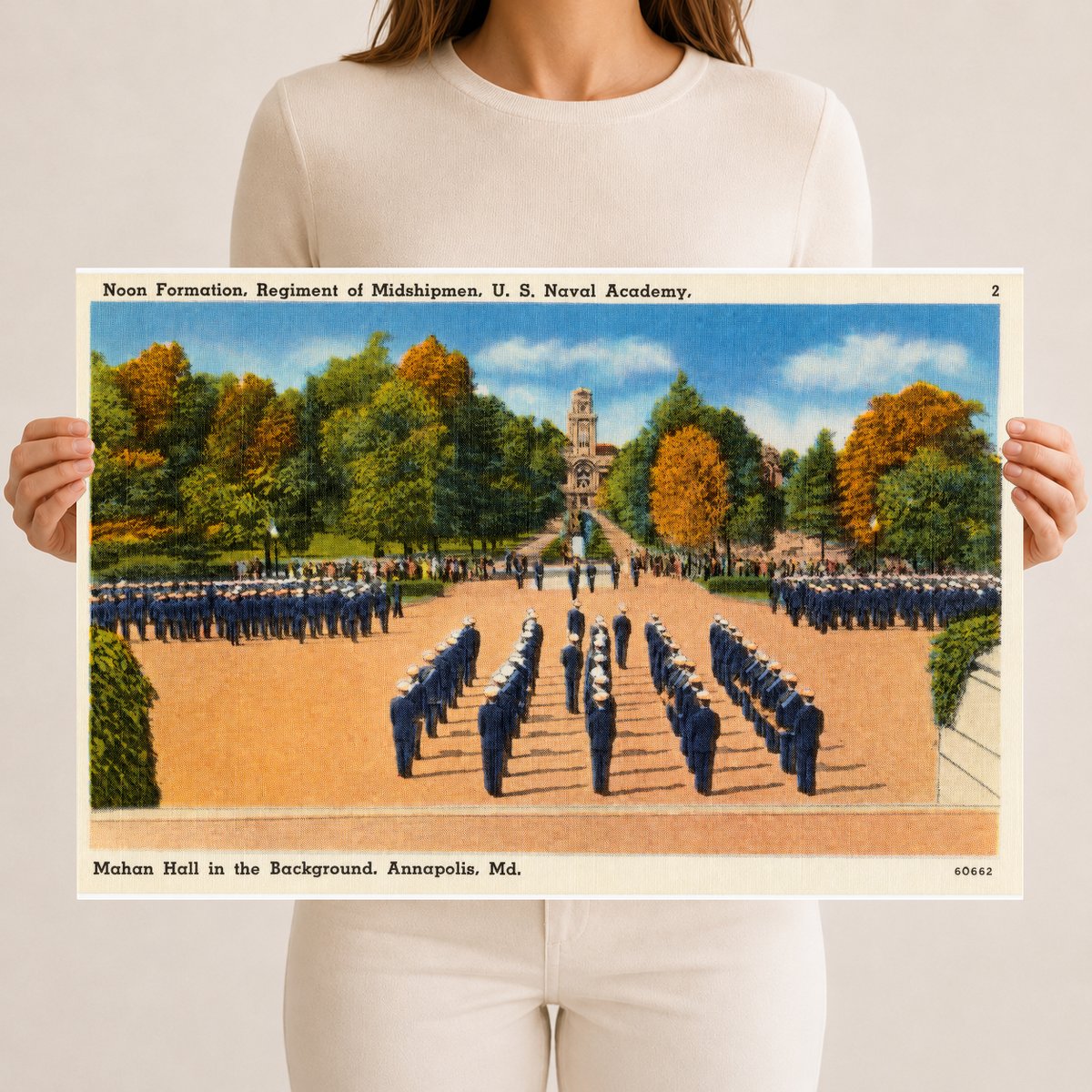 Noon formation, regiment of Midshipmen, U. S. Naval Academy, Mahan Hall in background, Annapolis, MD — Vintage Maryland Postcard