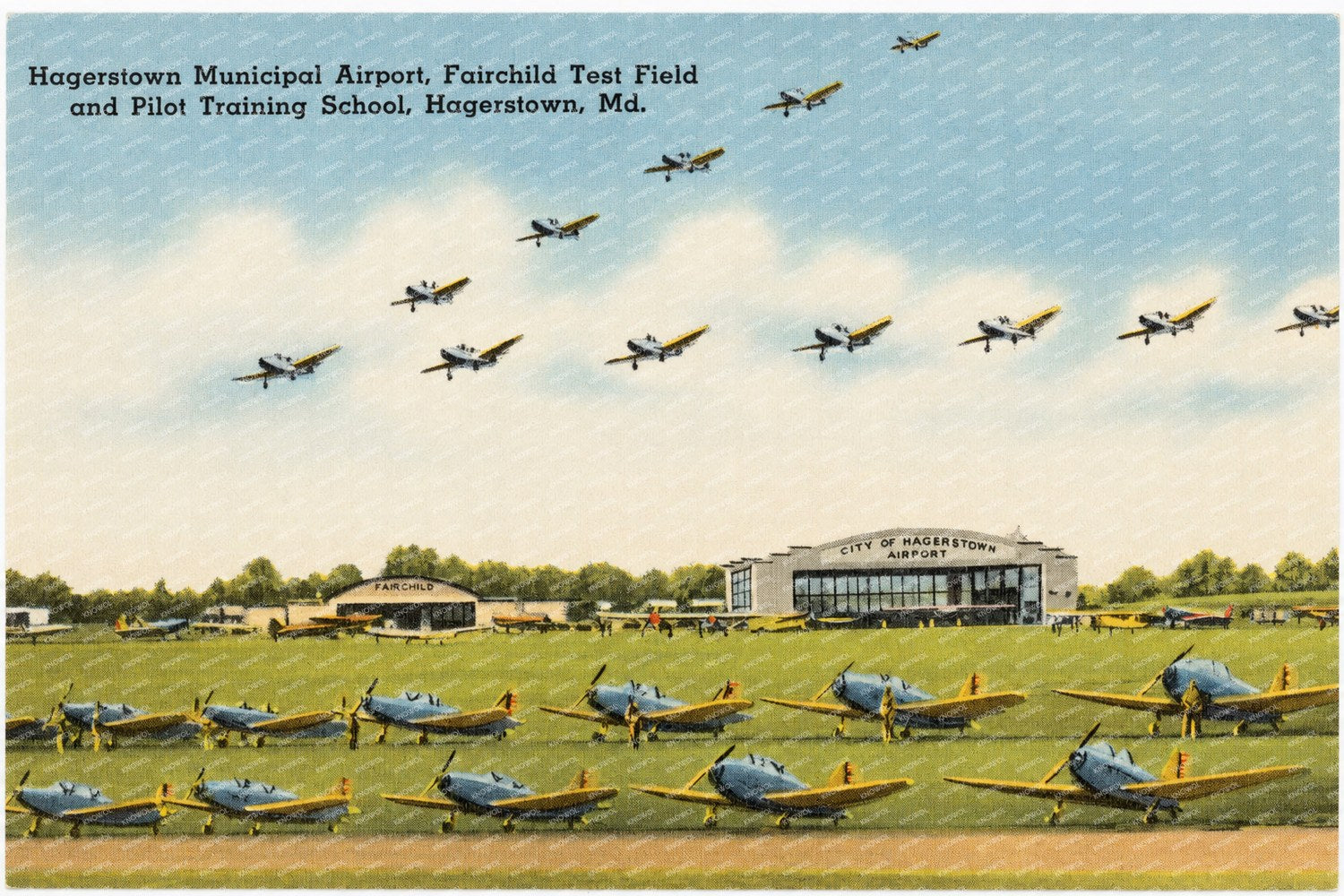 Hagerstown Municipal Airport, Fairchild Test Field and Pilot Training School, Hagerstown, MD — Vintage Maryland Postcard
