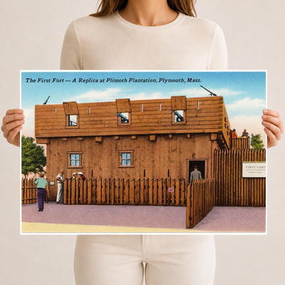 The first fort -- a replica at Plimoth Plantation, Plymouth, Mass. — Vintage Maryland Postcard