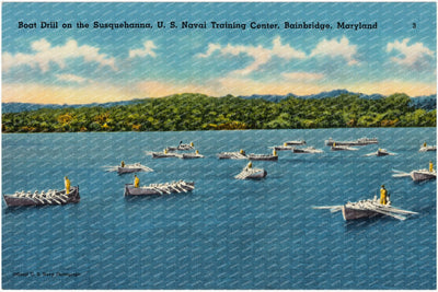 Boat drill on the Susquehanna, U. S. Naval Training Center, Bainbridge, Maryland — Vintage Maryland Postcard