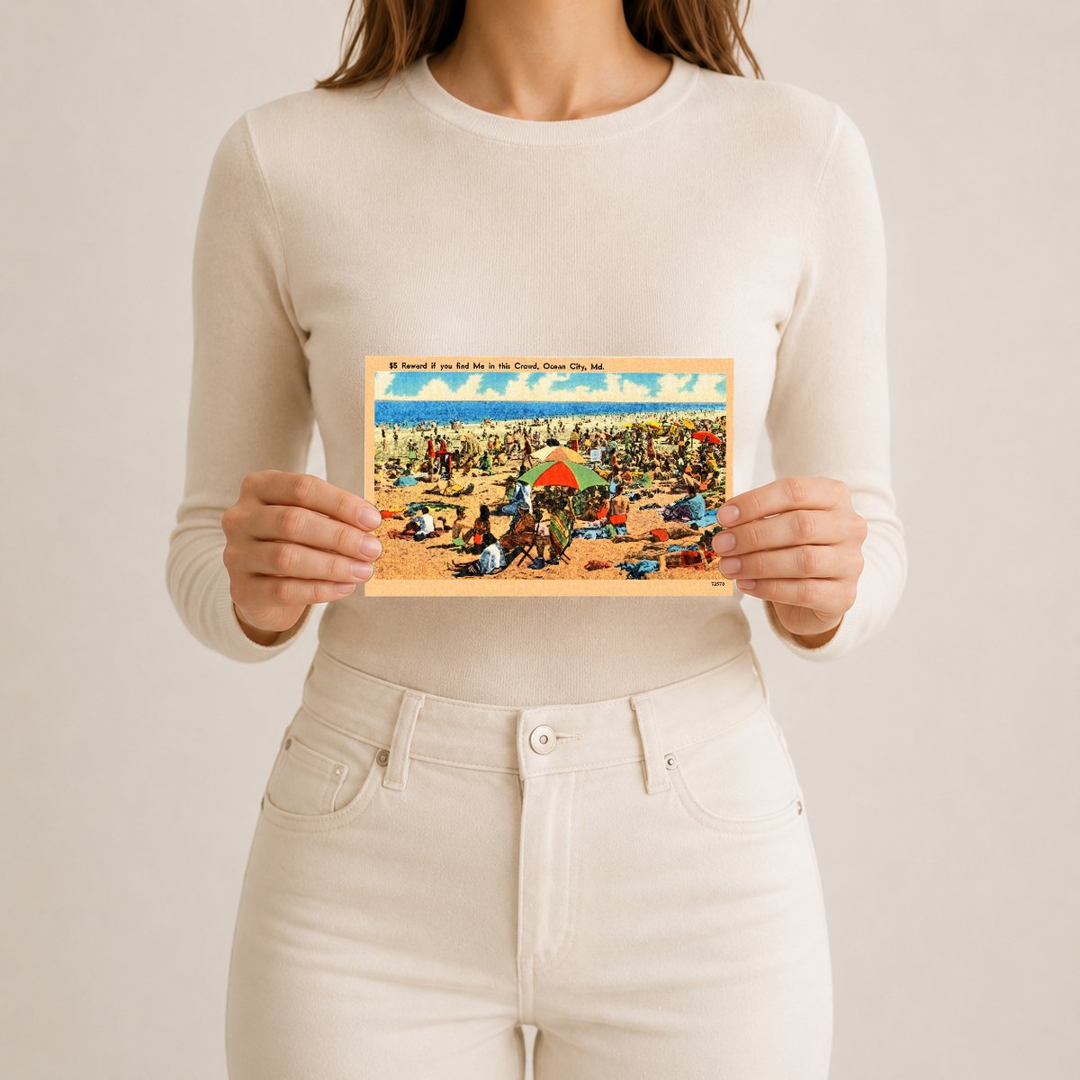 $5 Reward if you find me in this crowd, Ocean City, MD — Vintage Maryland Postcard