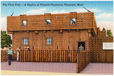 The first fort -- a replica at Plimoth Plantation, Plymouth, Mass. — Vintage Maryland Postcard