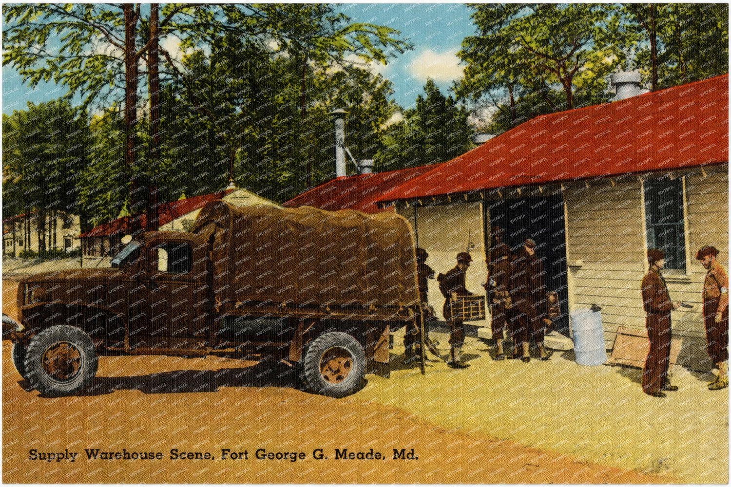 Supply warehouse scene, Fort George G. Meade, MD — Vintage Maryland Postcard