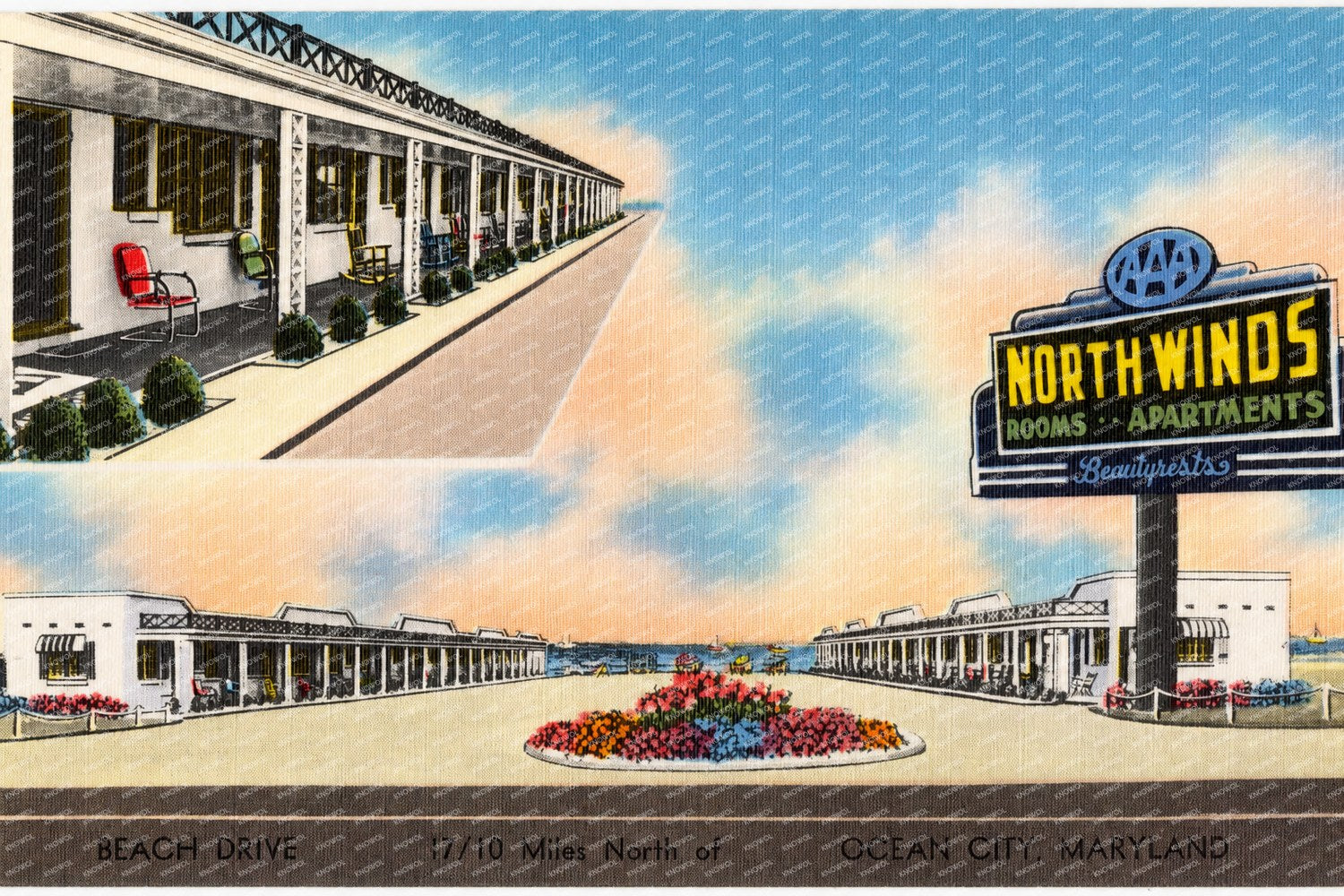 North Winds, Beach Drive... I-7/10 miles north of... Ocean City, Maryland — Vintage Maryland Postcard