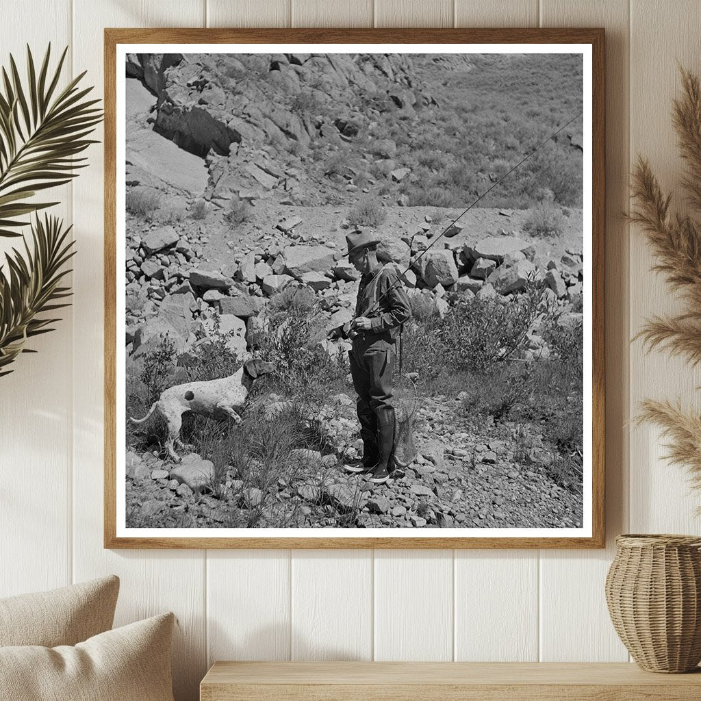 Fisherman and Dog on Salmon River Idaho August 1942 - Available at KNOWOL