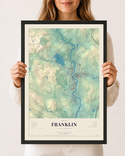 Franklin, New Hampshire map print, 12 x 18 in black wood frame