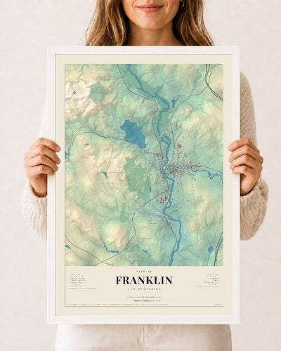 Franklin, New Hampshire map print, 12 x 18 in white wood frame