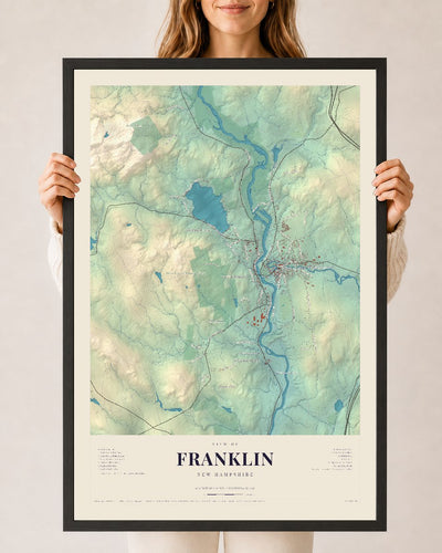 Franklin, New Hampshire map print, 24 x 36 in black wood frame