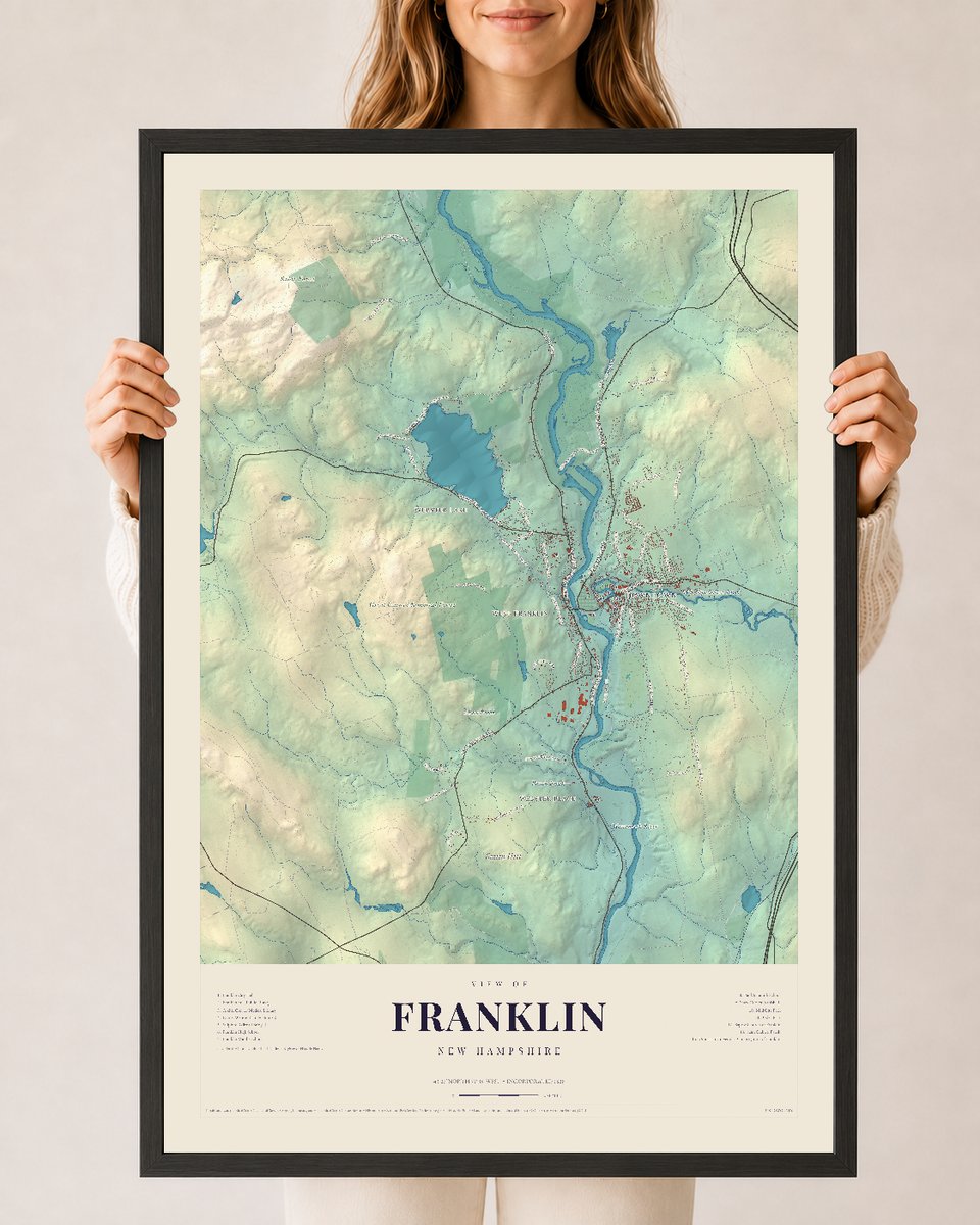 Franklin, New Hampshire map print, 24 x 36 in black wood frame